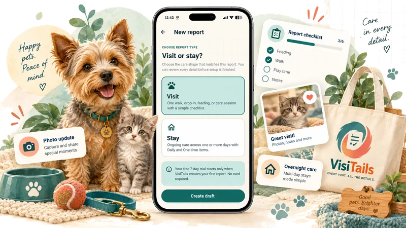 VisiTails pet-care report setup on a phone, surrounded by a dog, kittens, a care checklist, and photo updates.